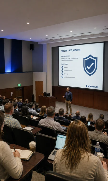 Male instructor leading a corporate safety training presentation in a modern auditorium with employees seated and watching