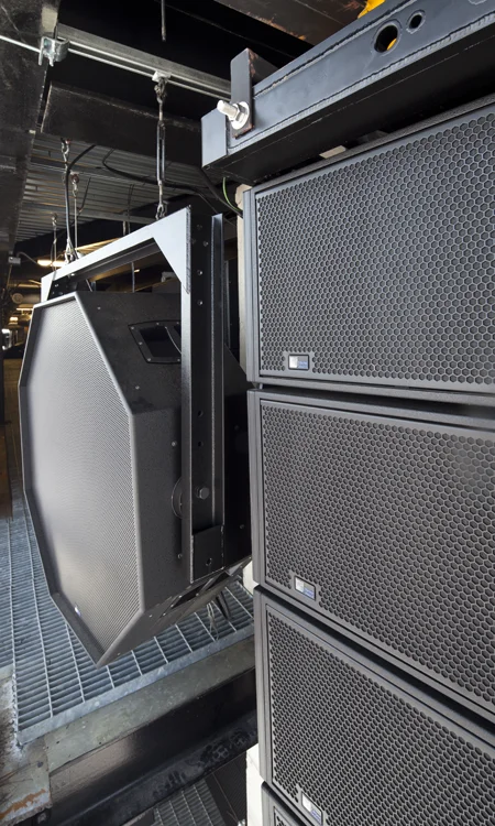 Meyer Sound loudspeakers installed on stadium rigging for the Ohio Stadium audio system expansion.