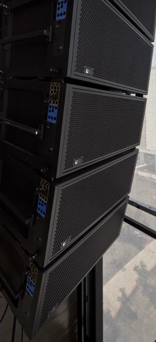 Close-up of a Meyer Sound speaker array installed at Ohio Stadium for the stadium audio system expansion.