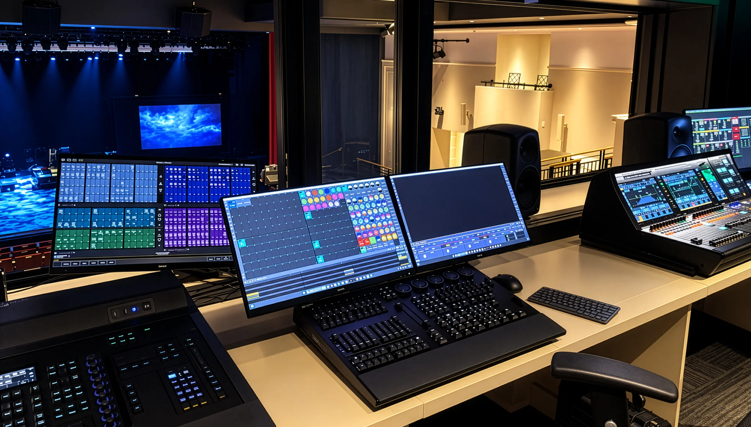 Glazer Hall Production Control Room | Pro AVL Production control room at Glazer Hall with audio console, lighting controls, video displays, and a view of the performance stage.